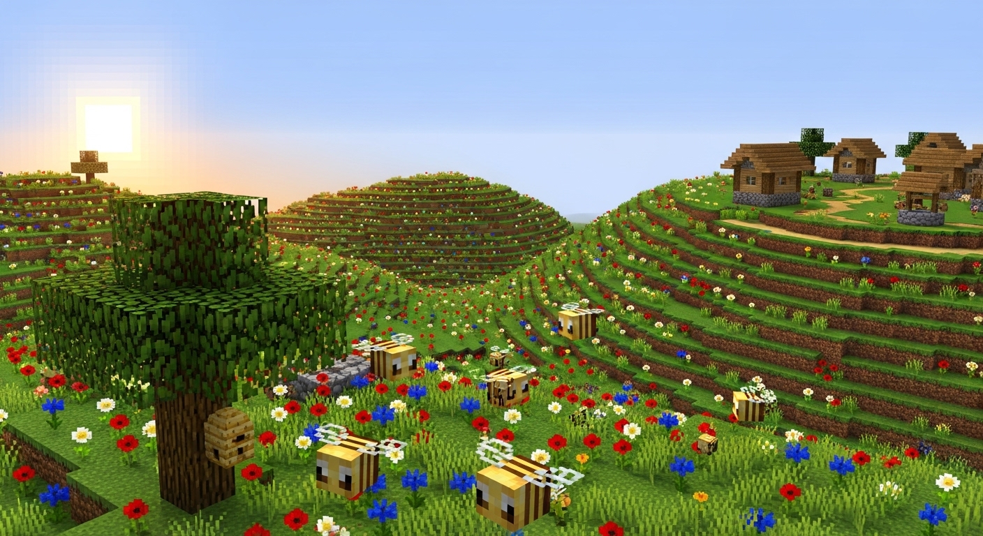 Minecraft Meadow Biome: Peaceful Hills, Flowers, and Village Spots