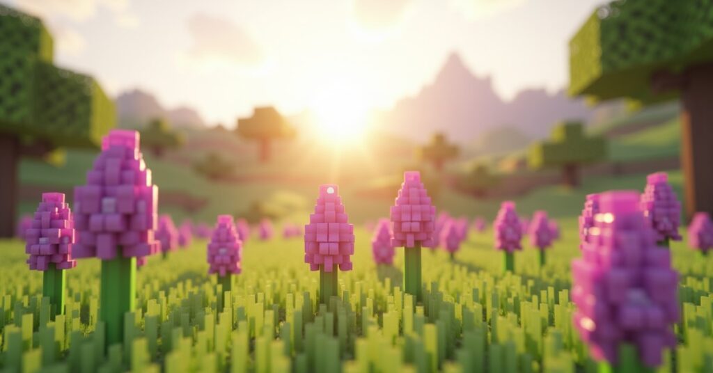 Purple allium flowers blooming in a Minecraft flower forest meadow with oak trees in the background.