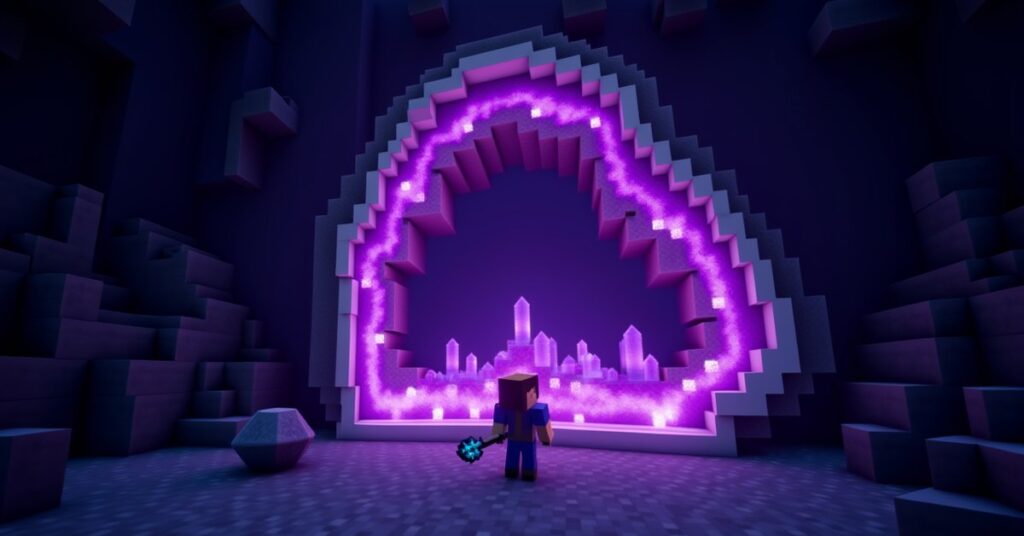 A cracked-open amethyst geode in Minecraft with purple crystals lining a basalt and calcite shell underground.
