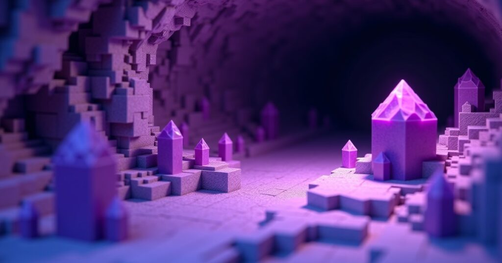 Small purple amethyst buds growing on budding amethyst blocks inside a Minecraft geode.