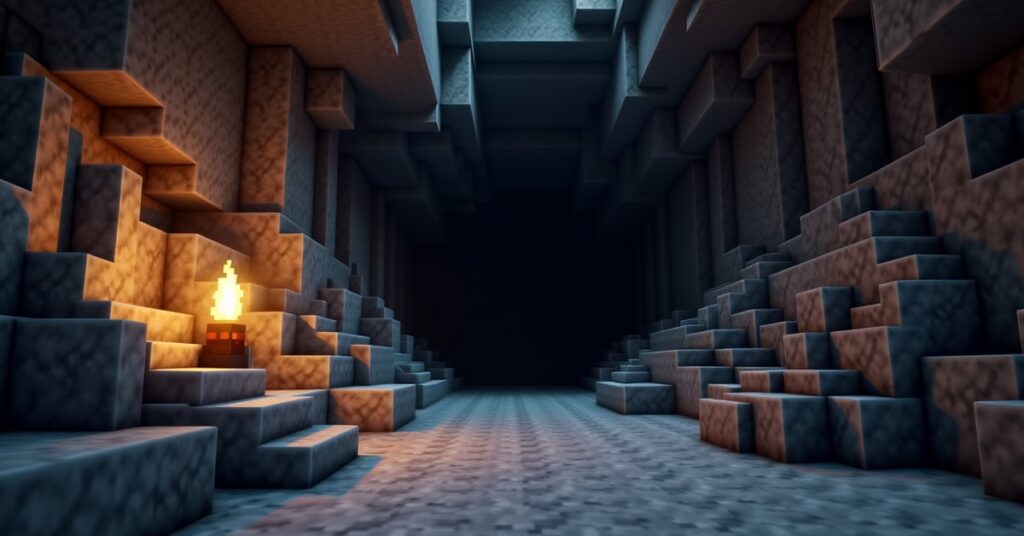 A grey andesite vein in a Minecraft underground cavern with polished andesite steps and a wall torch.