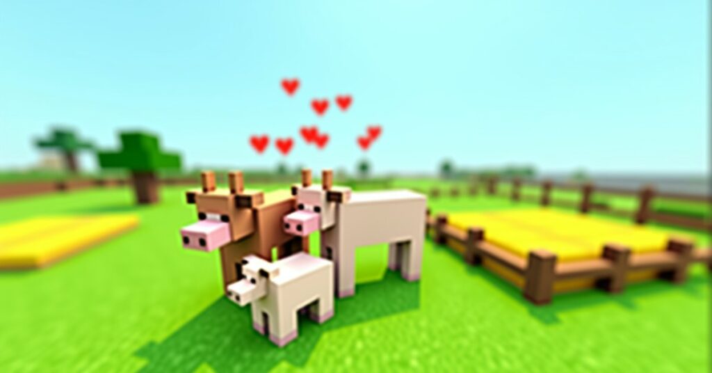 Two cows in love mode in a fenced Minecraft pasture with a baby calf standing nearby