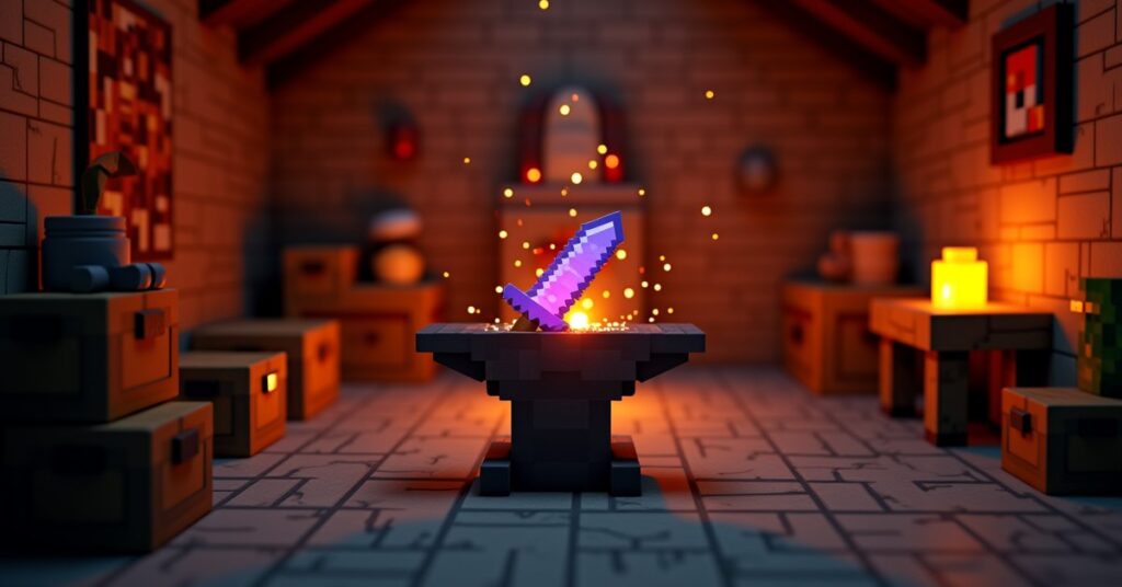 A Minecraft anvil in a blacksmith workshop repairing an enchanted diamond sword with sparks flying.