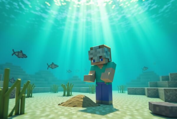 A Minecraft player in an enchanted helmet mining sand on the ocean floor with kelp and fish around them