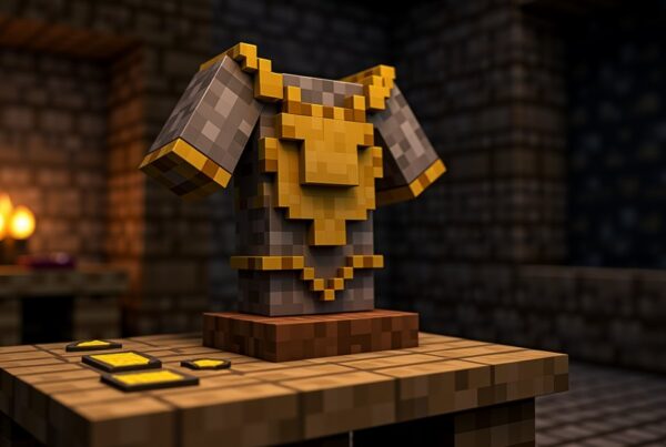Minecraft diamond chestplate with a gold dune armor trim on display in a smithing room with templates
