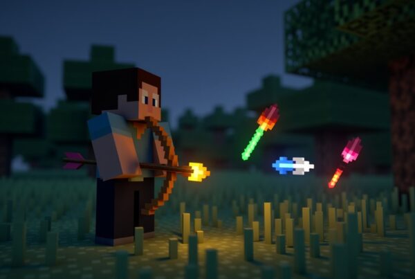 Minecraft archer drawing a bow with poison, slowness, and flame tipped arrow variants floating beside it at dusk.