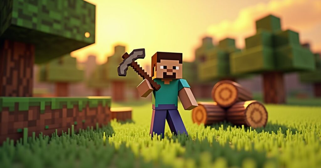 Minecraft Steve character holding a diamond axe with chopped oak logs scattered around a forest clearing at sunset.