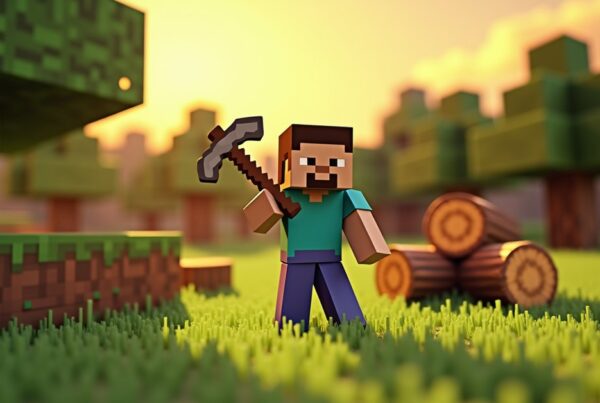 Minecraft Steve character holding a diamond axe with chopped oak logs scattered around a forest clearing at sunset.