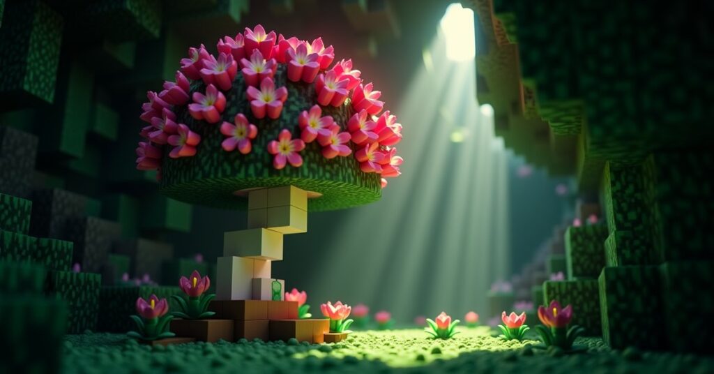 A flowering azalea tree with pink blossoms growing above a Minecraft lush cave entrance.