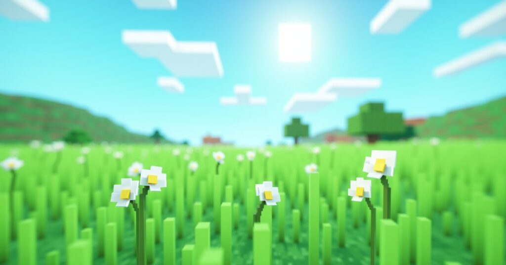 White azure bluet flowers growing in tall grass across a sunny Minecraft plains biome.
