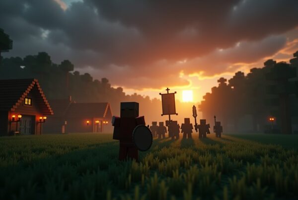 A Minecraft player facing a pillager raid at a village at dusk with the Bad Omen effect active.