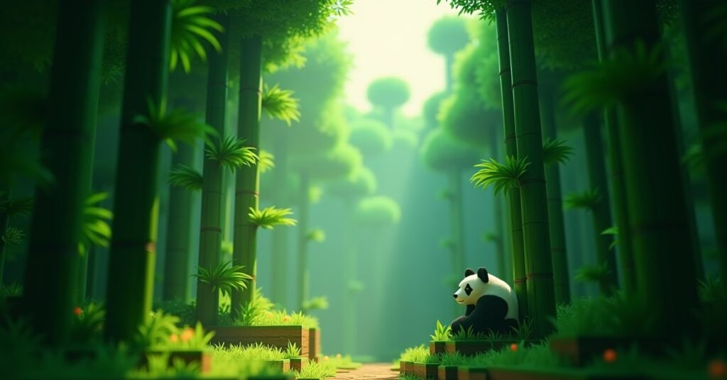 Tall bamboo stalks growing in a Minecraft bamboo jungle with a panda resting at the base.