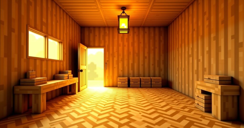 Bamboo mosaic flooring and wall panels in a warm modern Minecraft bamboo house interior.