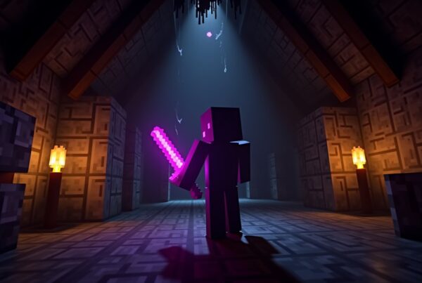 Bane of Arthropods Minecraft sword glowing in a cave spider spawner room with cobwebs and torches on stone walls.