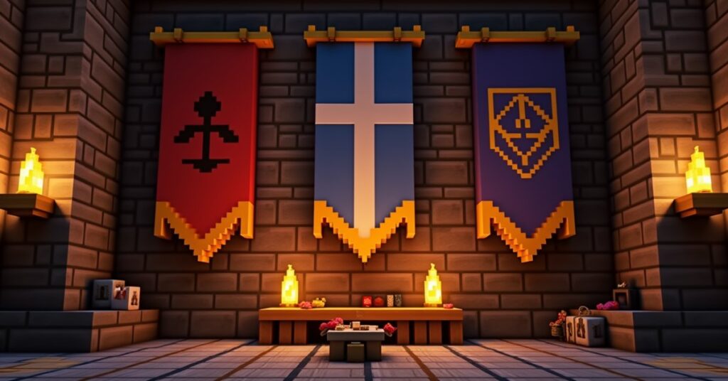 Colorful patterned banners hanging on a stone brick castle wall in Minecraft beside a loom.
