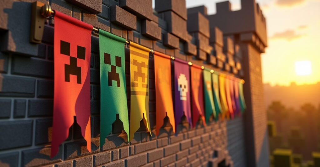 A row of patterned Minecraft banners hanging on a stone castle wall at sunset, showing creeper, skull, and stripe designs.