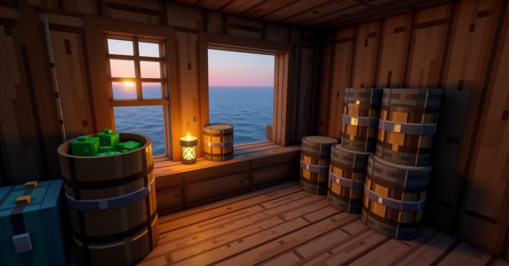 An open Minecraft barrel storing fish inside a coastal fisherman's hut overlooking the ocean.