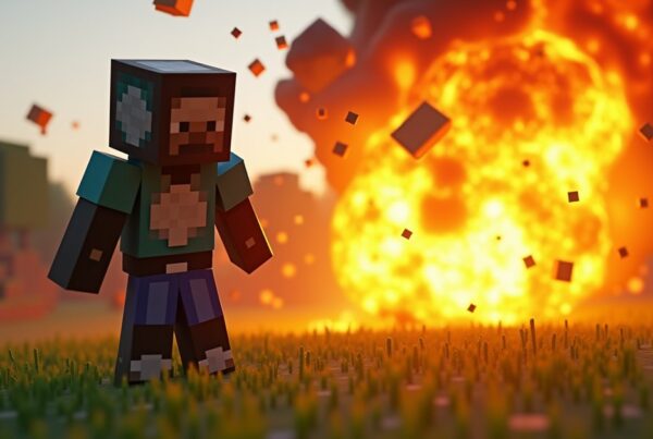 Minecraft player in diamond armor surviving a creeper explosion with Blast Protection.
