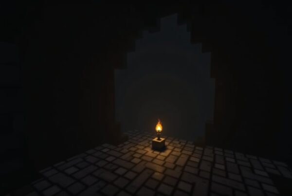 First-person Minecraft view with the Blindness effect darkening the screen to a small circle of visible blocks.