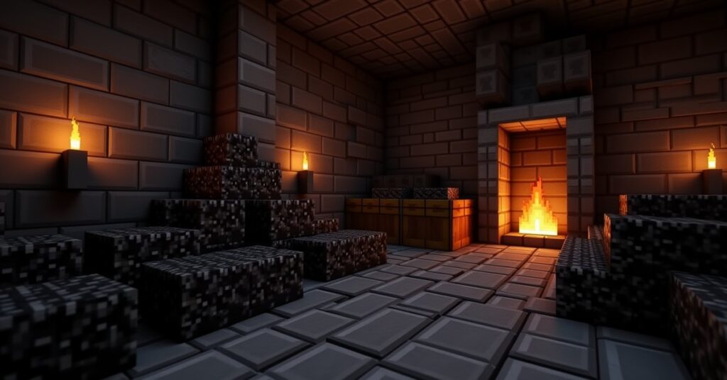 Blocks of coal stacked beside a burning furnace in a Minecraft mine storage room.