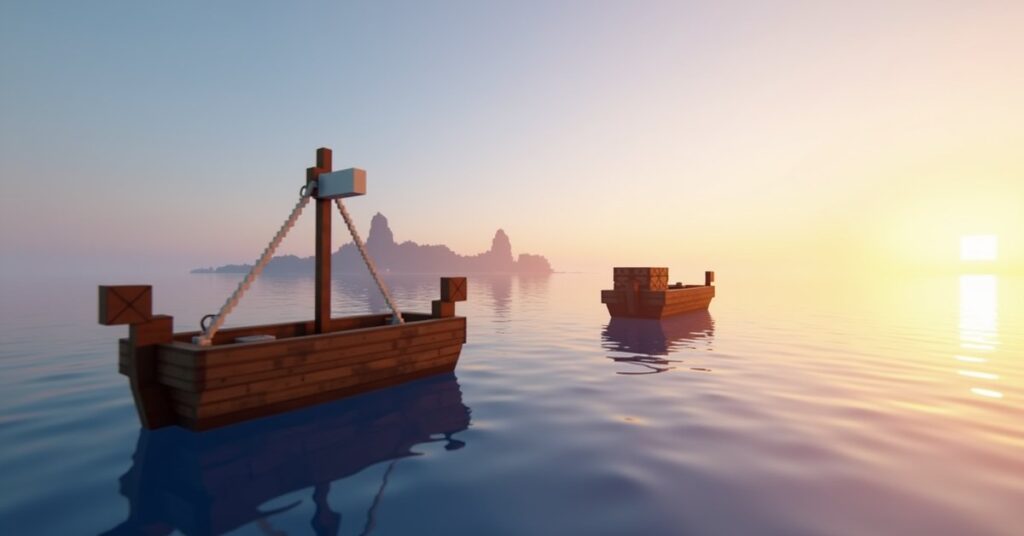 A wooden boat and a chest boat floating side by side on calm Minecraft water at sunrise