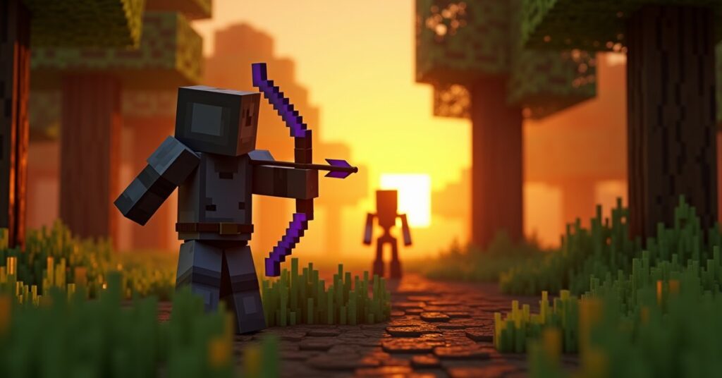 Minecraft player in iron armor drawing an enchanted bow with an arrow mid-flight toward a skeleton in a forest at sunset.