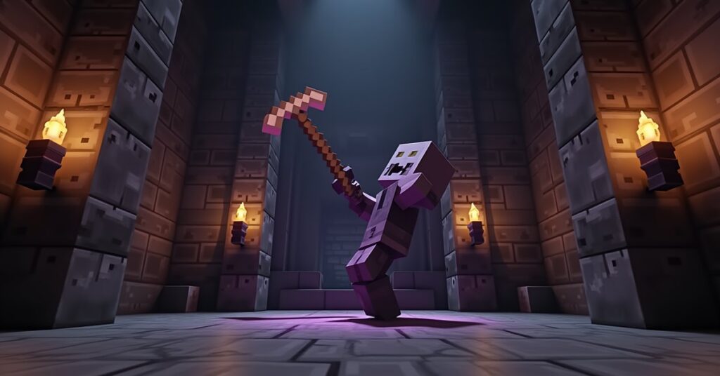 A Minecraft mace mid-swing, glowing with enchantment, striking an armored skeleton inside a stone trial chamber.