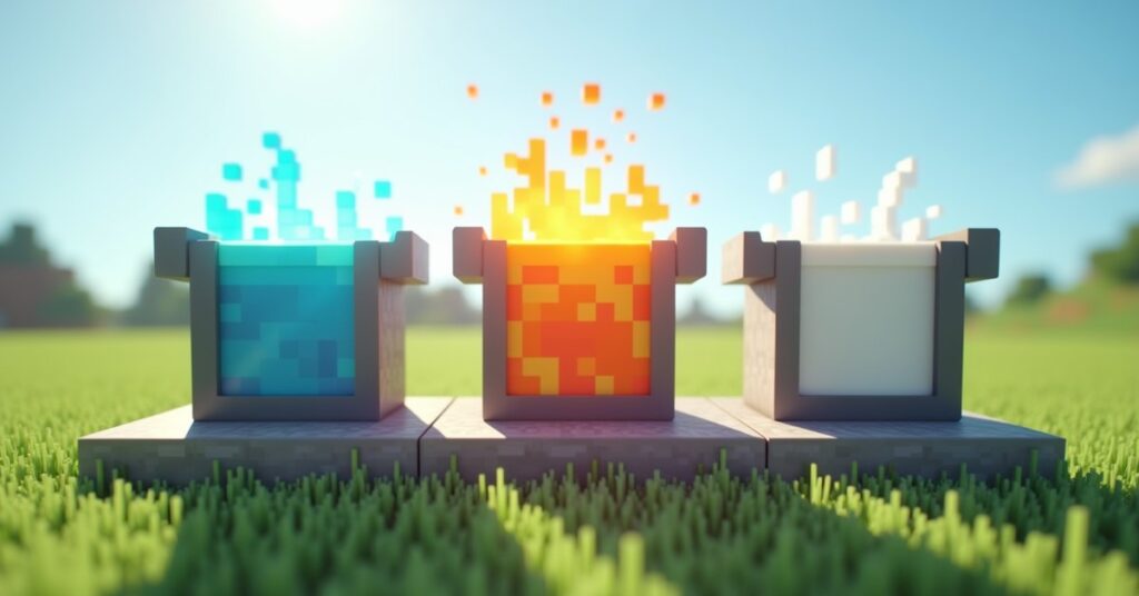 Three iron Minecraft buckets on a stone block, filled with water, lava, and milk against a plains biome backdrop.