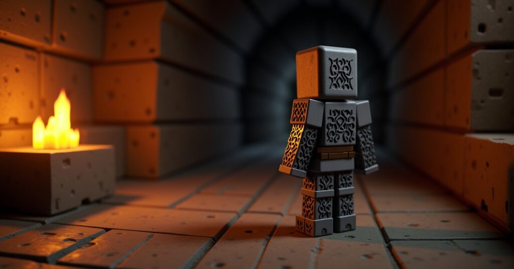Minecraft player wearing full chainmail armor in a torchlit cave, with visible interlocking ring texture on every piece.
