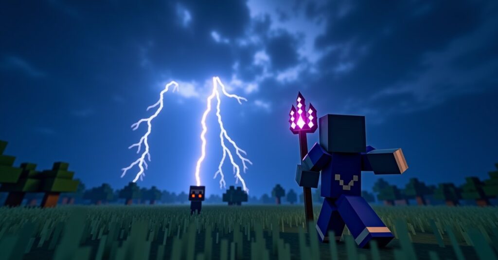 Minecraft player throwing a Channeling-enchanted trident at a creeper as a lightning bolt strikes it during a thunderstorm.