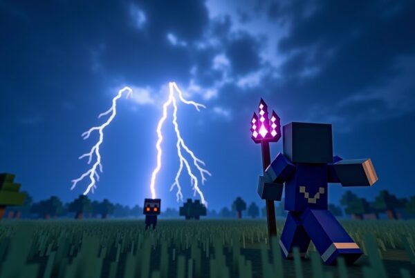 Minecraft player throwing a Channeling-enchanted trident at a creeper as a lightning bolt strikes it during a thunderstorm.