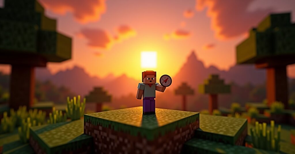 A Minecraft player holds a compass on a forest hilltop at sunset with the needle pointing toward distant terrain.