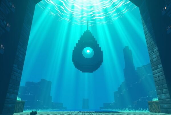 An active glowing conduit inside a prismarine frame underwater in Minecraft, giving off Conduit Power light.