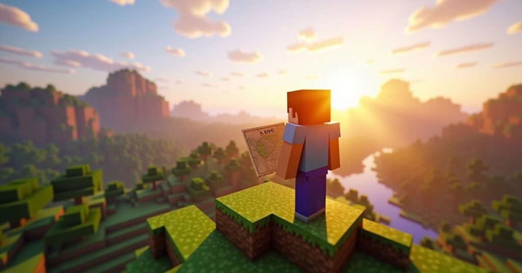 Minecraft player on a hill at sunrise holding a map, with coordinate numbers shown, overlooking a blocky landscape.