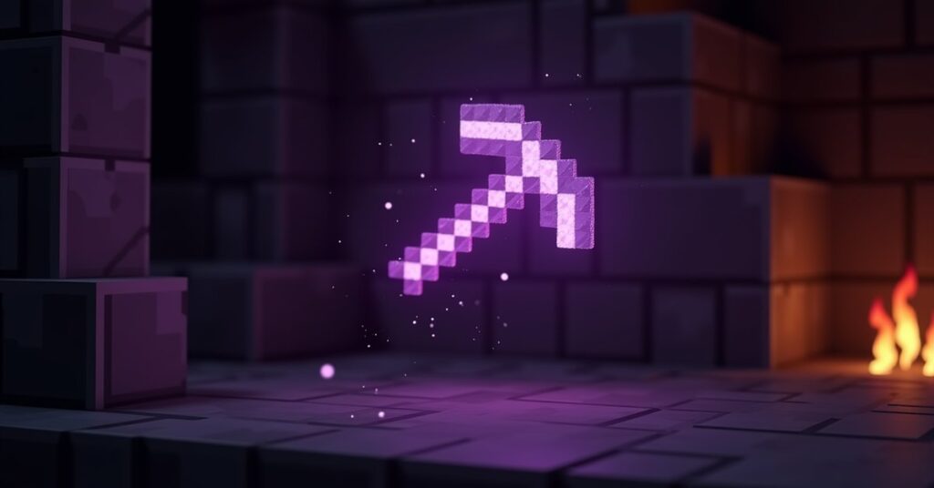 A Minecraft diamond pickaxe in a cave with red Curse of Vanishing enchantment text glowing beside it.