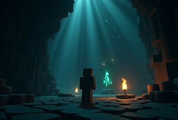 Minecraft player in the deep dark near a glowing sculk shrieker as the screen darkens from the Darkness effect.