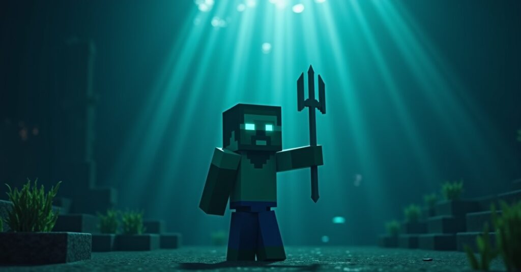 A Minecraft drowned mob holding a trident on a dark ocean floor with seagrass and dim light filtering through the water.