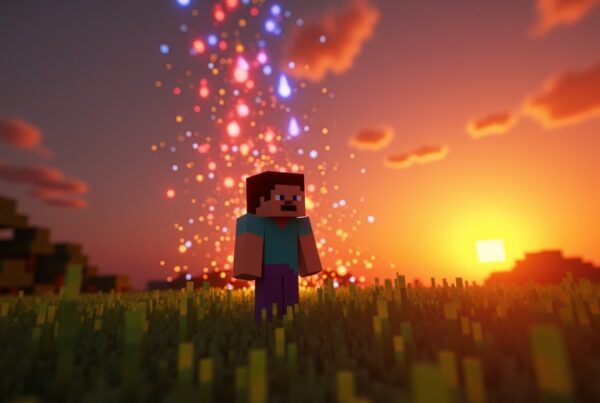 Minecraft player surrounded by colorful status effect particles from the /effect command