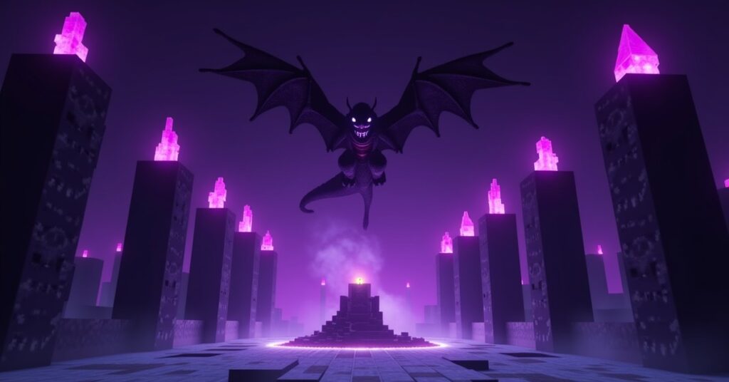 The Ender Dragon flying over the obsidian towers and End crystals on the central island of The End in Minecraft.