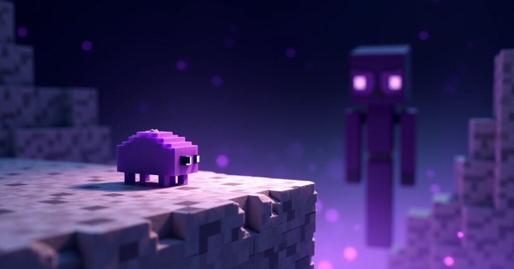 A small purple endermite skittering across a stone platform in the Minecraft End, with an enderman watching nearby.