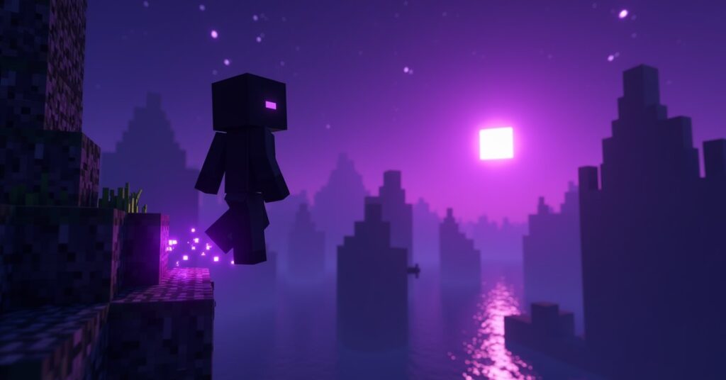 Minecraft player in netherite armor with Feather Falling boots landing safely from a tall End city ledge onto end stone.