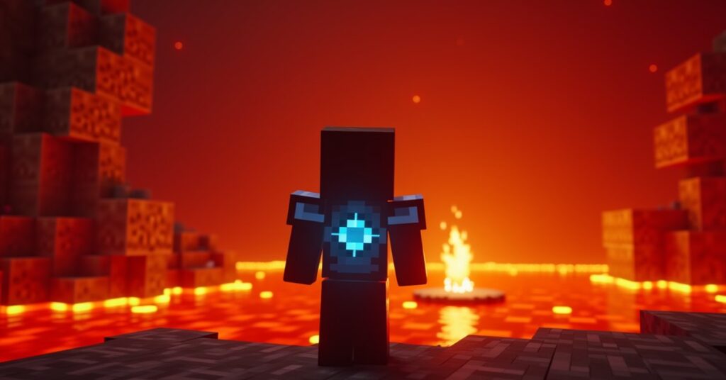 Minecraft player in glowing enchanted diamond armor standing at the edge of a Nether lava lake.