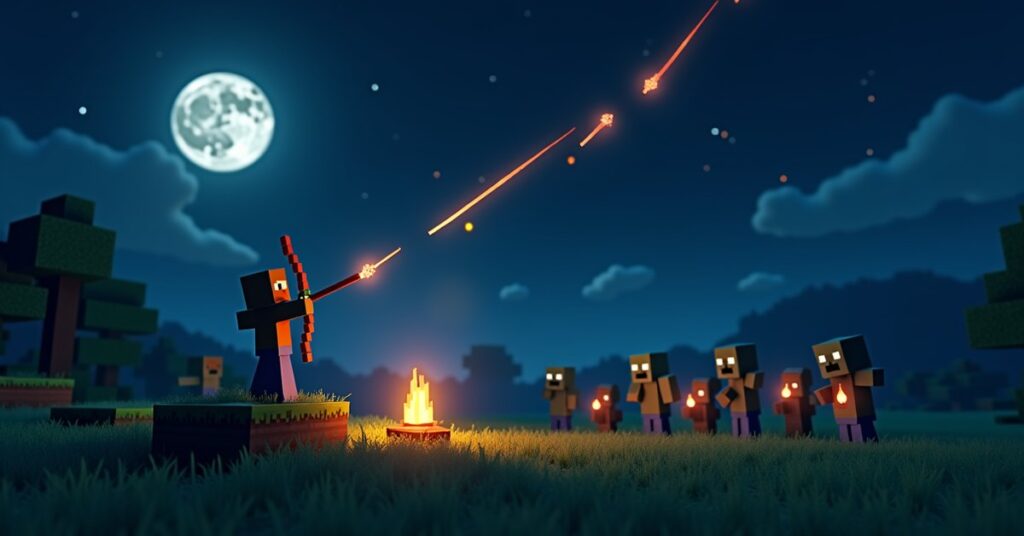 Minecraft player firing a Flame-enchanted bow at zombies at night, with fiery arrows trailing through the air