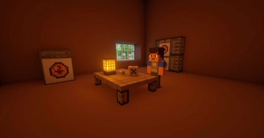Minecraft fletching table block in a village workshop with a fletcher villager holding a bow beside it.