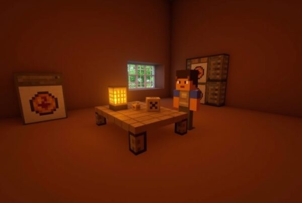 Minecraft fletching table block in a village workshop with a fletcher villager holding a bow beside it.