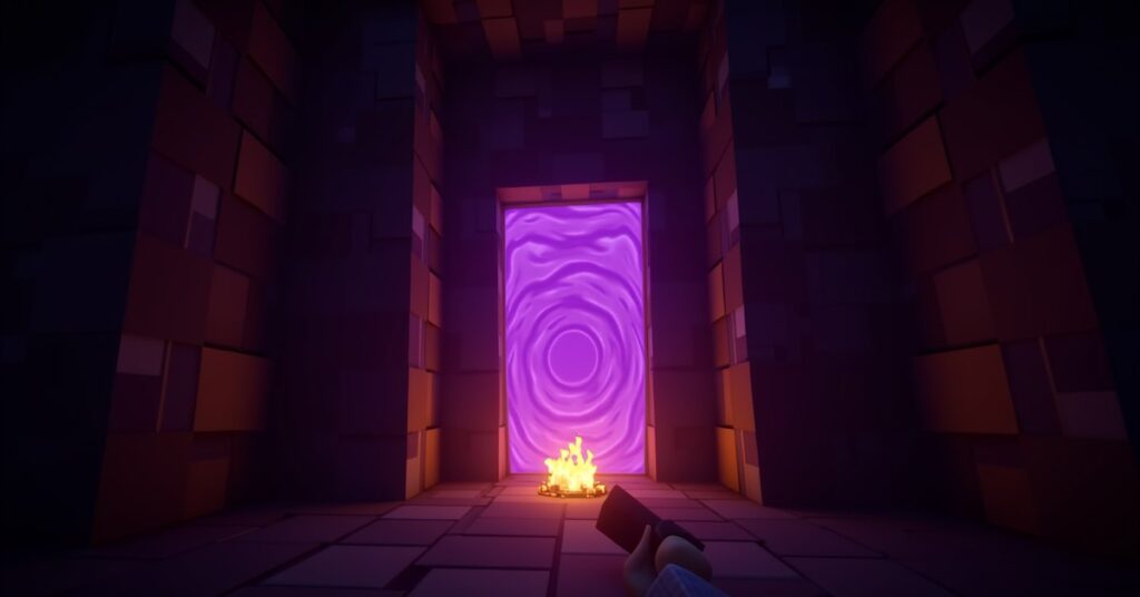 Minecraft player holding flint and steel to light the obsidian frame of a nether portal in a dark cave.