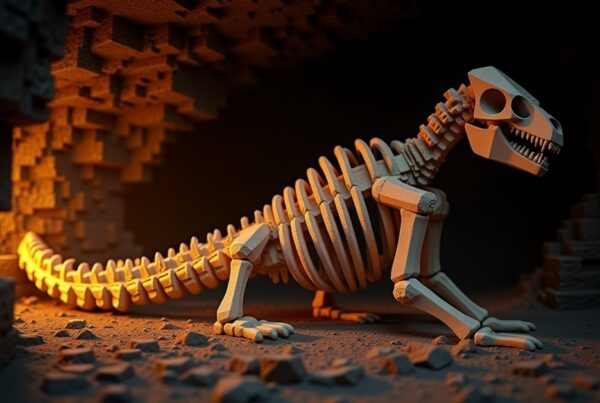 A buried Minecraft fossil of bone blocks and coal ore exposed in the wall of an underground cave