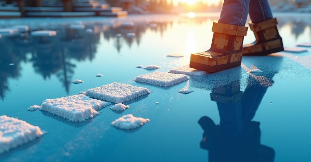 A Minecraft player walking across a lake, leaving a trail of cracked frosted ice blocks behind them in late afternoon light.