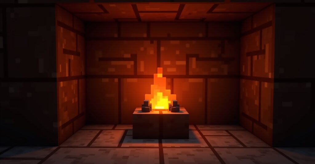 A Minecraft furnace built into a cobblestone wall with a glowing orange fire smelting iron ore inside