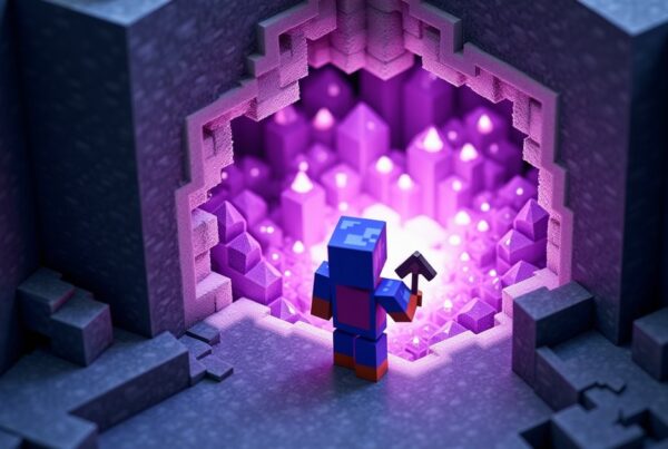 Cutaway of a Minecraft amethyst geode showing basalt, calcite, and glowing purple amethyst crystals inside a cave.
